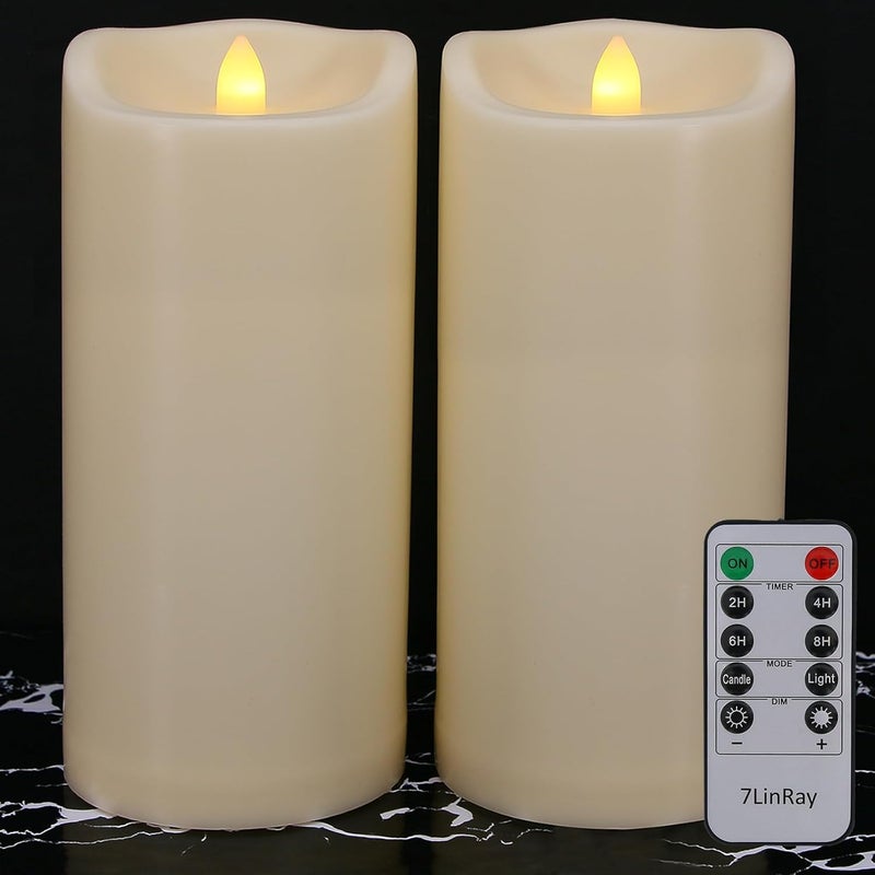 7LinRay Store Large 10" x 4" Outdoor Waterproof Flameless Candles with Remote and Timers, 1000 Hours Battery Operated LED Flickering Pillar Candles for Lanterns, Ivory Plastic, Set of 2 - Image 1